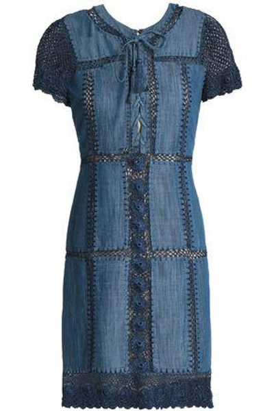Shop Alice And Olivia Alice + Olivia Woman Crochet-trimmed Cotton-blend Chambray Dress Blue