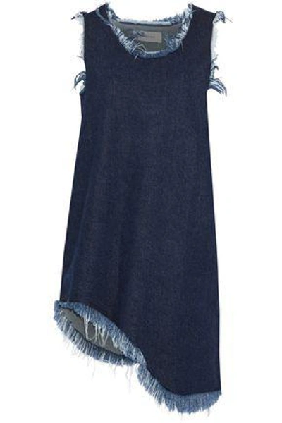 Shop Marques' Almeida Woman Asymmetric Frayed Denim Mini Dress Dark Denim