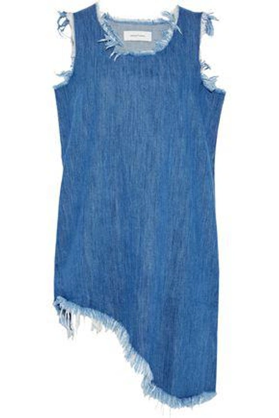 Shop Marques' Almeida Asymmetric Frayed Denim Mini Dress In Mid Denim
