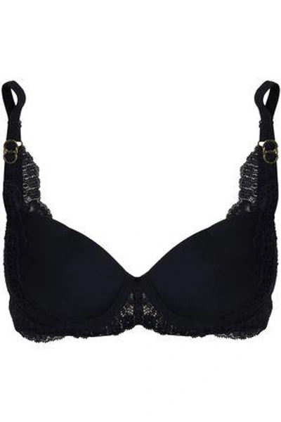 Shop Stella Mccartney Lace And Stretch-jersey Underwired Push-up Bra In Midnight Blue