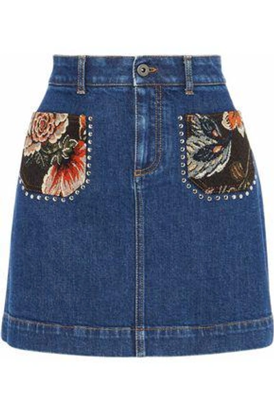 Shop Stella Mccartney Woman Jacquard-paneled Studded Denim Mini Skirt Mid Denim