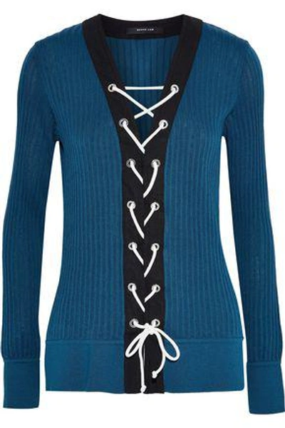 Shop Derek Lam Woman Lace-up Ribbed Silk And Cotton-blend Cardigan Petrol