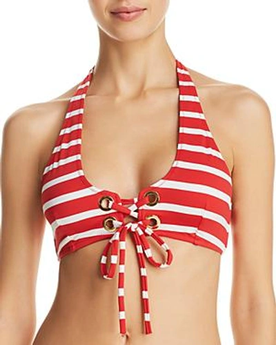 Shop Milly Stripe Swim Grommet Santorini Bikini Top In Red/ivory