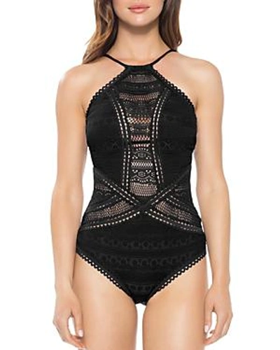 Shop Becca By Rebecca Virtue Crochet High Neck One Piece Swimsuit In Black