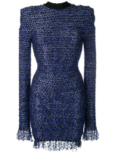 Shop Balmain Fringed Tweed Mini Dress - Blue