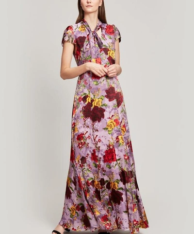 Shop Alice And Olivia Roanne Keyhole Godet Silk-blend Maxi-dress In Water Lotus Lavender