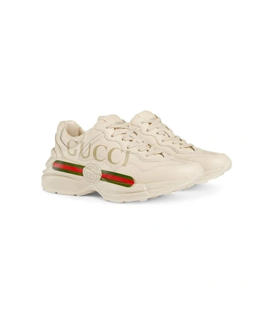 Shop Gucci Neutral Rython  Logo Leather Sneakers