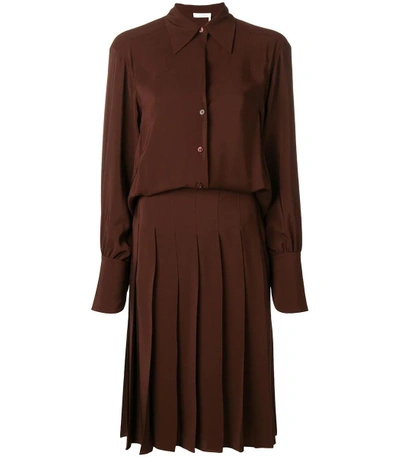 Shop Chloé Brown Pleated Shirt Dress