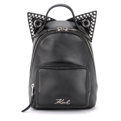Karl Lagerfeld Rocky Mini Black Leather Backpack With Cat Ears In Nero |  ModeSens