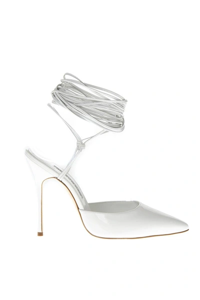 Shop Manolo Blahnik Patent White High Leather Sandals