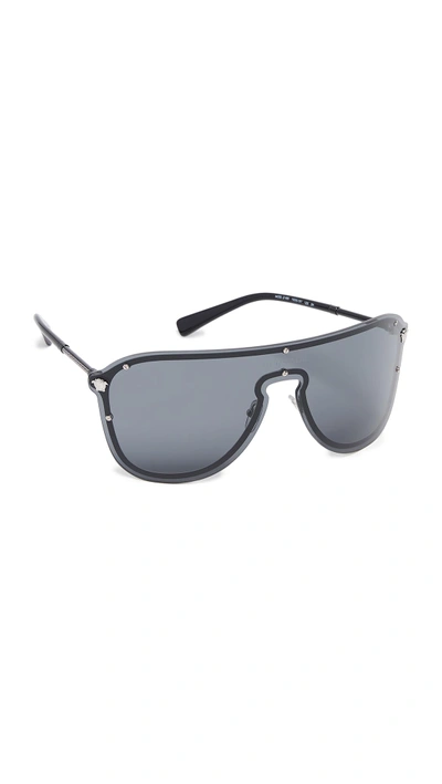 Shop Versace Visor Sunglasses In Silver/grey