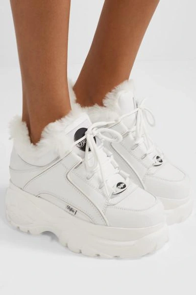 Shop Junya Watanabe + Buffalo London Faux Fur-lined Leather Platform Sneakers In White