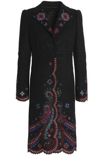 Shop Roberto Cavalli Woman Embroidered Wool-blend Coat Black