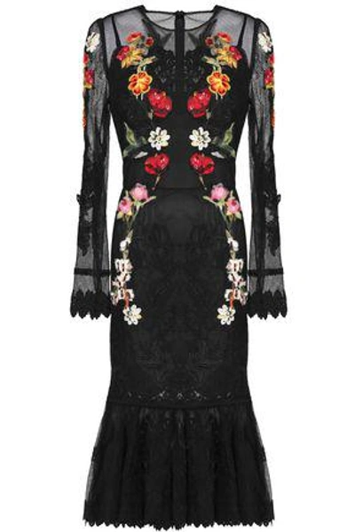 Shop Dolce & Gabbana Floral-appliquéd Lace-trimmed Mesh Midi Dress In Black