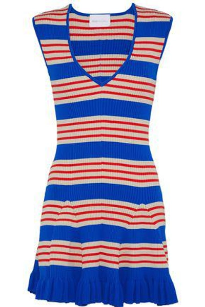 Shop Alice Mccall Woman Frenchie Striped Metallic Ribbed-knit Mini Dress Bright Blue