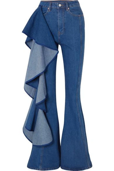 Shop Solace London Trumpet Ruffled High-rise Wide-leg Jeans In Mid Denim