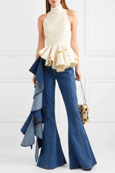 Shop Solace London Trumpet Ruffled High-rise Wide-leg Jeans In Mid Denim