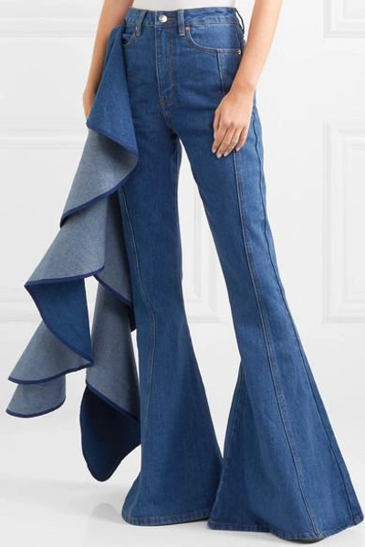 Shop Solace London Trumpet Ruffled High-rise Wide-leg Jeans In Mid Denim