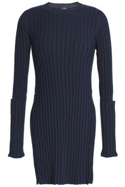 Shop Joseph Woman Zip-detailed Ribbed Merino Wool Sweater Navy