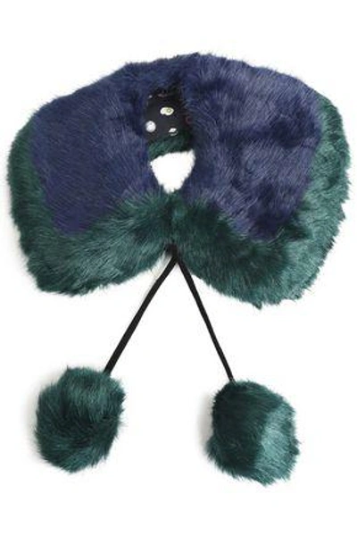 Shop Charlotte Simone Woman Pompom-embellished Two-tone Faux Fur Collar Navy