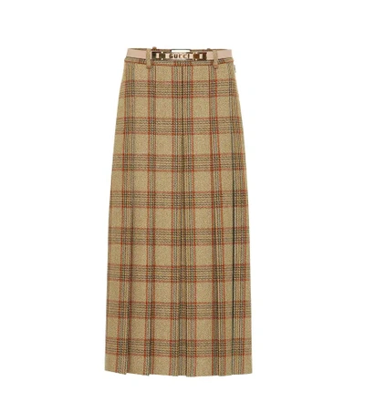 Shop Gucci Checked Wool Skirt In Beige