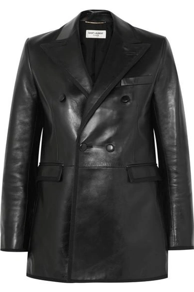 Shop Saint Laurent Grosgrain-trimmed Leather Blazer In Black