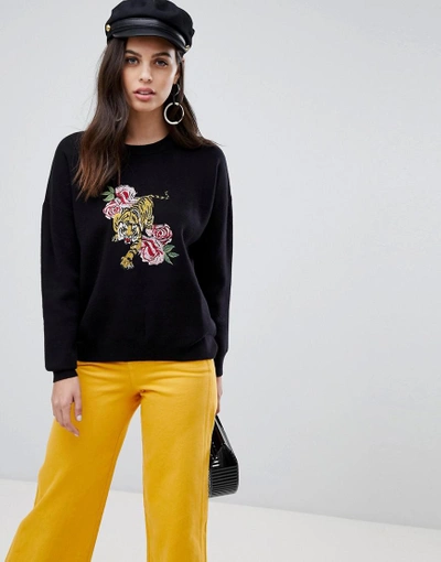 Shop Liquorish Tiger And Flower Embroidered Sweater - Black