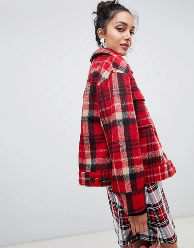 Shop Neon Rose Trucker Coat In Brushed Plaid - Red