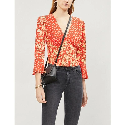 Shop Free People Lady Bohemian Fluted-sleeve Floral-print Woven Blouse In Red