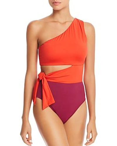 Shop Laurèn Lauren Ralph Lauren Glamour Color-block Cutout One Piece Swimsuit In Red Plum