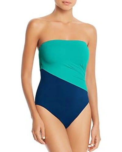 Shop Laurèn Lauren Ralph Lauren Glamour Color-block Bandeau One Piece Swimsuit In Sapphire/ Jade