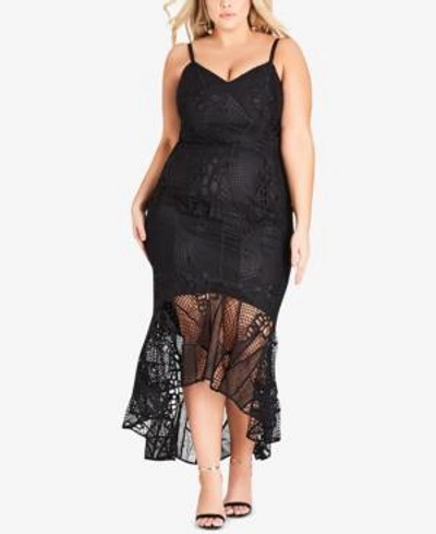 Shop City Chic Trendy Plus Size Embroidered Mermaid Dress In Black