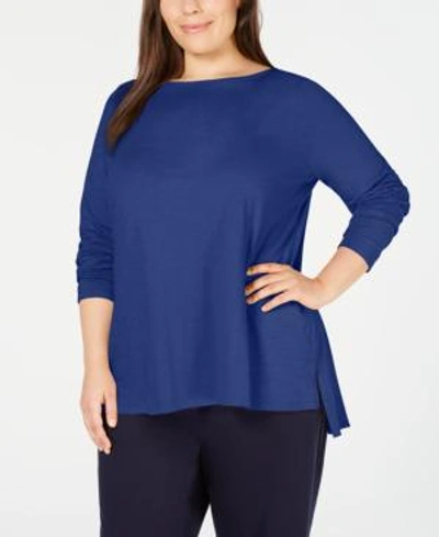 Shop Eileen Fisher Plus Size Organic Cotton Boatneck Top In Royal