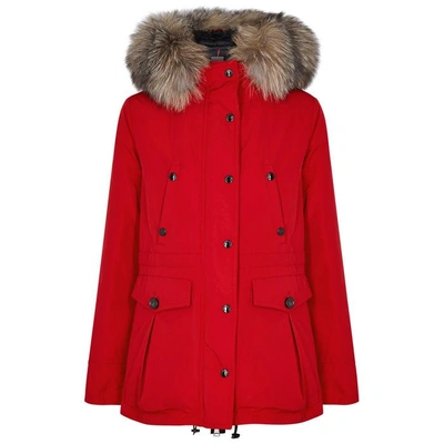 Shop Moncler Macareux Fur-trimmed Shell Coat, Red, Shell Coat, Padded