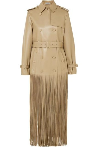 Shop Valentino Double-breasted Fringed Leather Trench Coat In Beige