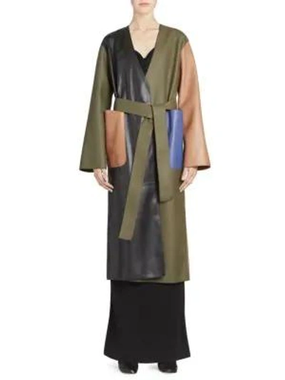 Shop Loewe Belted Leather Coat In Tan Green