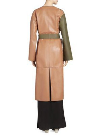 Shop Loewe Belted Leather Coat In Tan Green