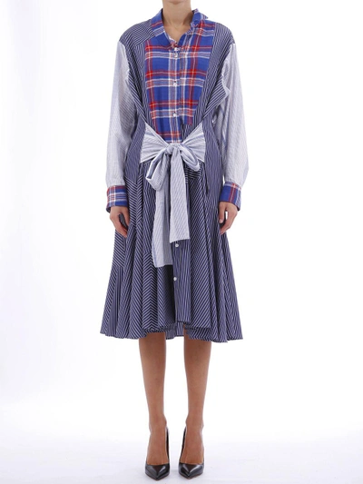 Shop Loewe Check And Stripe Dress In Blu/rosso/bianco