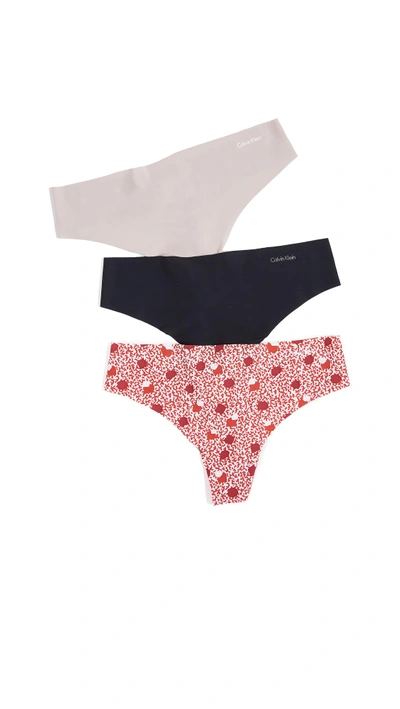 Shop Calvin Klein Underwear Invisibles Thong 3 Pack In Silver Rose/frolic Dot/black