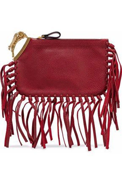 Shop Valentino Woman Aries Fringe-trimmed Embellished Textured-leather Clutch Claret