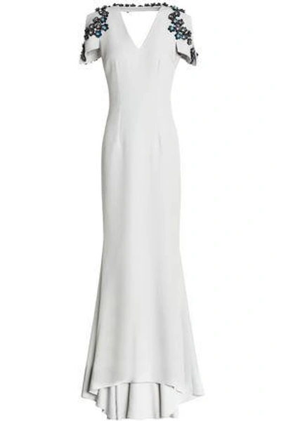 Shop Safiyaa Woman Fluted Embellished Crepe Gown Stone