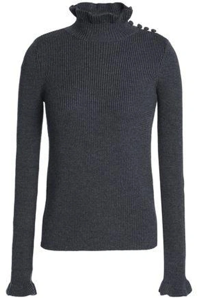 Shop See By Chloé Woman Ruffle-trimmed Ribbed Wool Turtleneck Sweater Anthracite