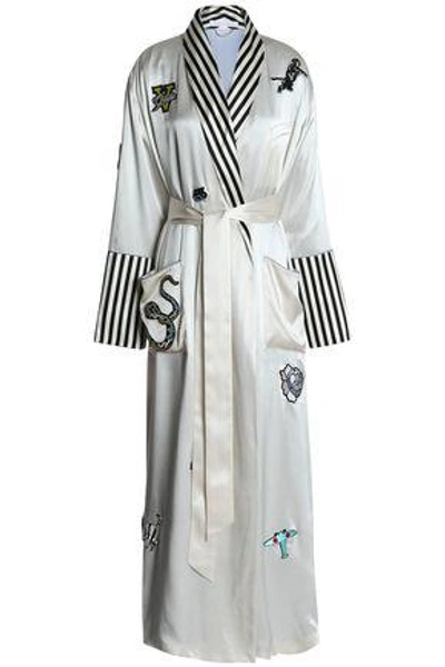 Shop Olivia Von Halle Woman Striped-trimmed Appliquéd Silk-satin Robe Off-white