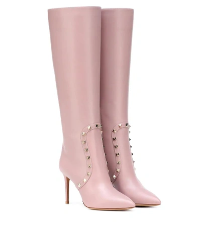 Shop Valentino Rockstud Leather Boots In Pink