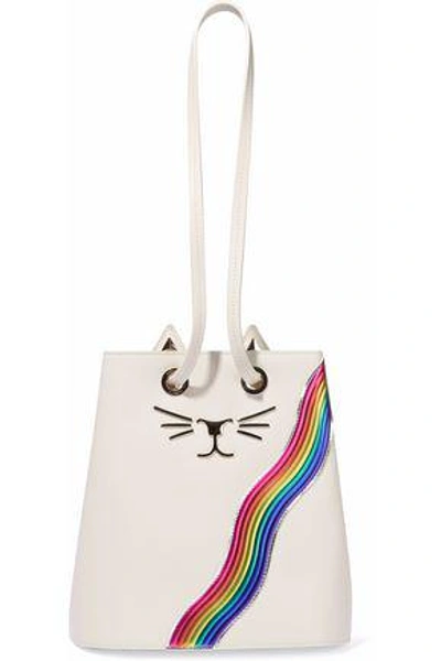 Shop Charlotte Olympia Woman Feline Appliquéd Leather Bucket Bag Off-white