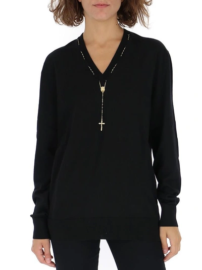 Shop Dolce & Gabbana Rosary Detail V Neck Sweater In Black