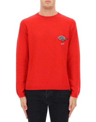 Shop Gucci Embroidered Turtle Logo Sweater In Red