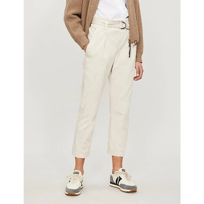 Shop Brunello Cucinelli Belted High-rise Tapered Stretch-cotton Cropped Trousers In Oat
