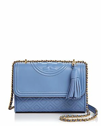 Shop Tory Burch Fleming Convertible Small Leather Shoulder Bag In Larkspur Blue/gold