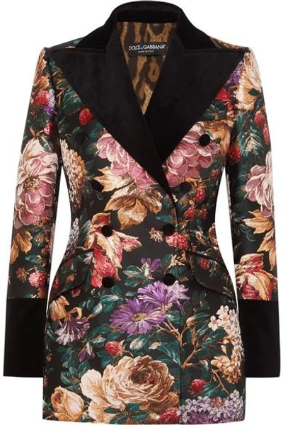 Shop Dolce & Gabbana Double-breasted Velvet-trimmed Floral-jacquard Blazer In Black